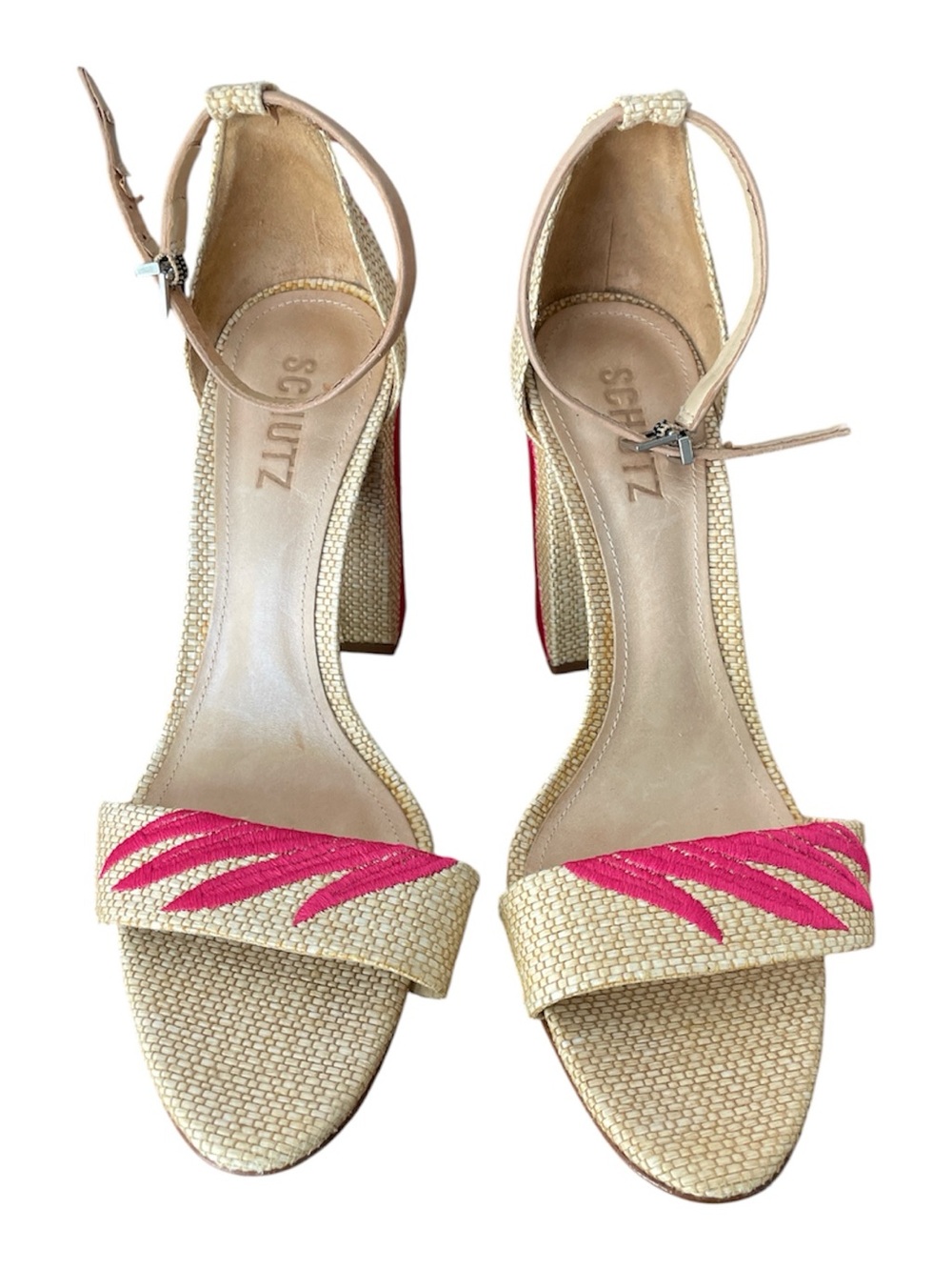 SCHUTZ Natural Woven Sandal with Pink Accent